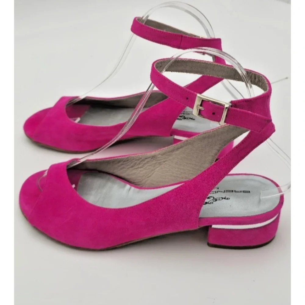 Brenda Zaro Women's Pink 37 Open Toe Block Heel Sandals Ankle Strap Suede Silver